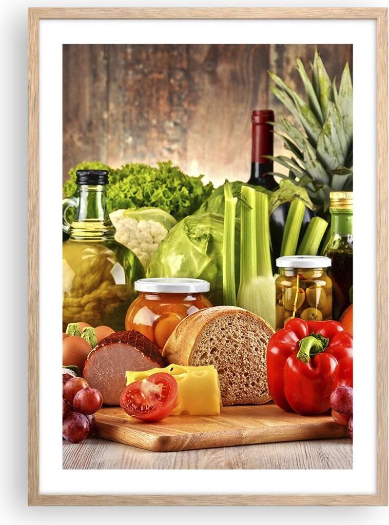 Gerahmtes Poster - Rahmen in heller Eiche - Lebensmittel Gemüse Brokkoli Fleisch - 50x70 cm - Wand Bild - Wanddeko - Wandbilder - Wandposter - Bil...