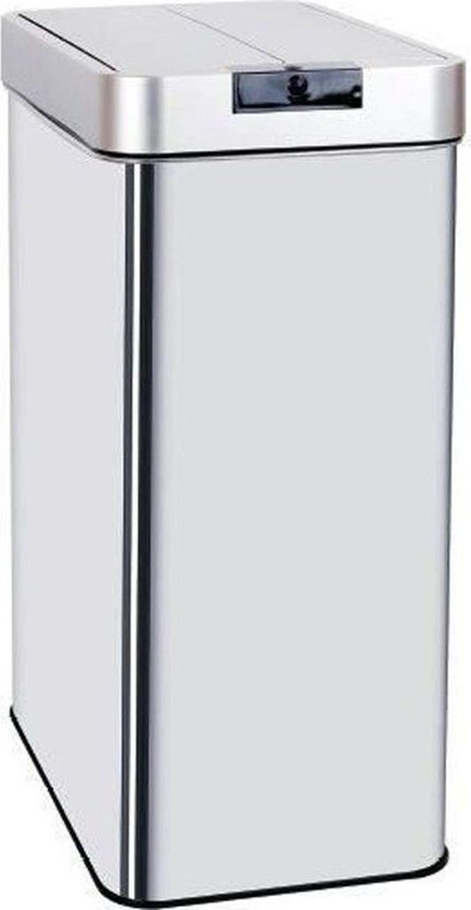 A silver automatic trash can with a lid.