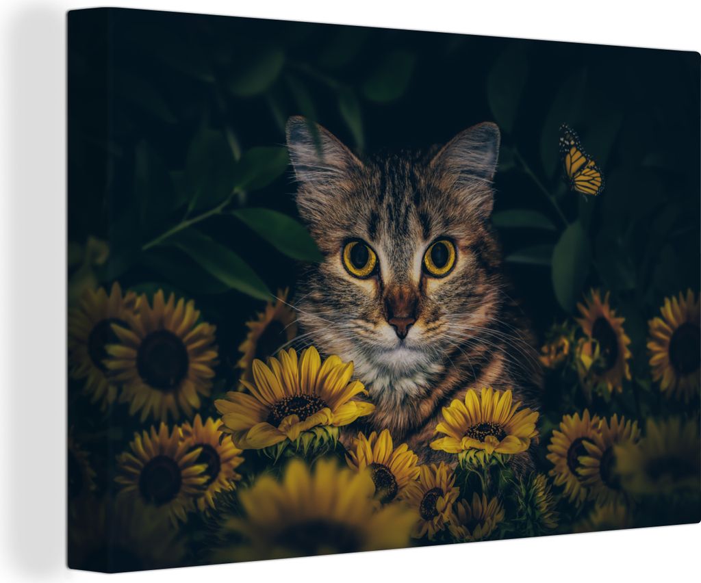 OneMillionCanvasses - Leinwandbilder - 140x90 cm, Katze - Gelb - Blumen - Botanisch, Wandbilder Kunstdruck Wanddekoration - Foto auf Leinwand - G...