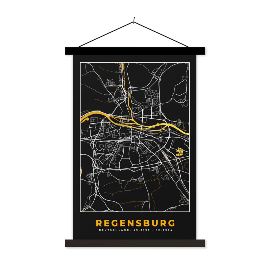 MuchoWow Textilposter Schwarz und Gold - Stadtplan - Regensburg - Deutschland - Karte 40x60 cm mit schwarzem Rahmen - Wanddekorationen