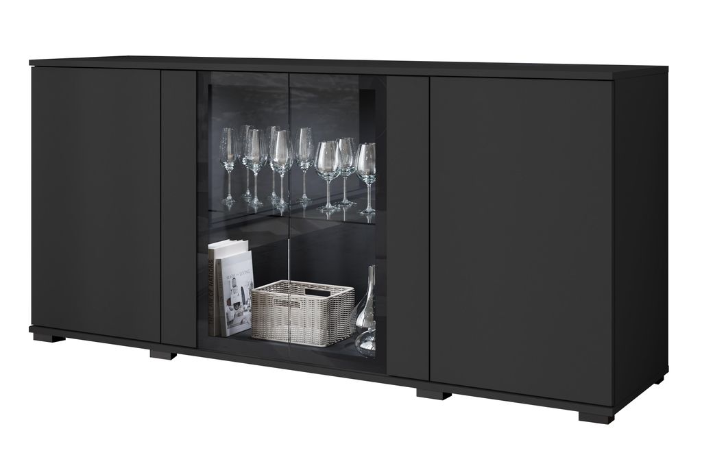 MINIO go for it Kommode, "FARO", 150 cm, 4-türig, Glastüren, ohne LED-Beleuchtung, Schwarz Farbe