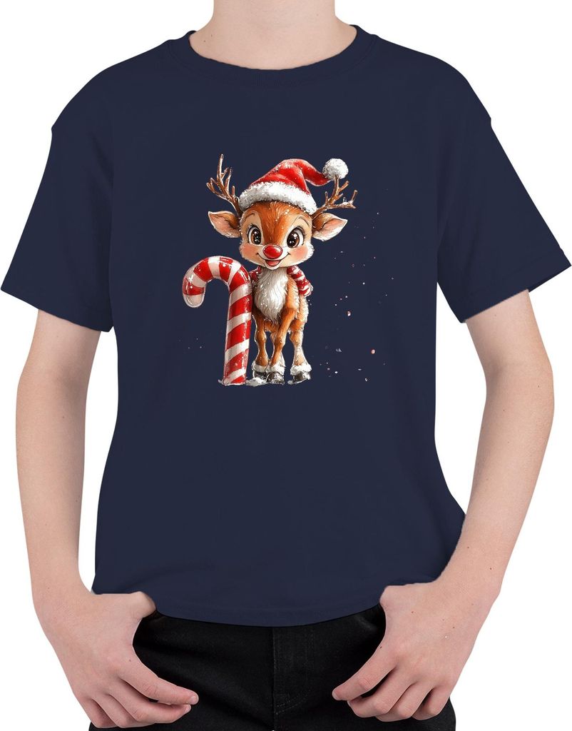 Weihnachten Niedliches Rentier Zuckerstange Geschenk Kinder Uni Kinder T-Shirt, Navy, 116