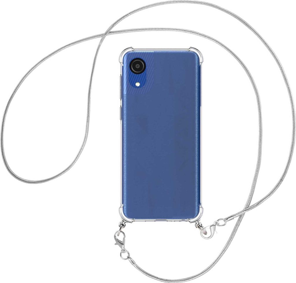 Handykette Backcover-Schutzhülle mit Band (Metall silberfarben) für Samsung Galaxy A03 Core (SM-A032 6.5'') - silberfarbene Snake-Kette