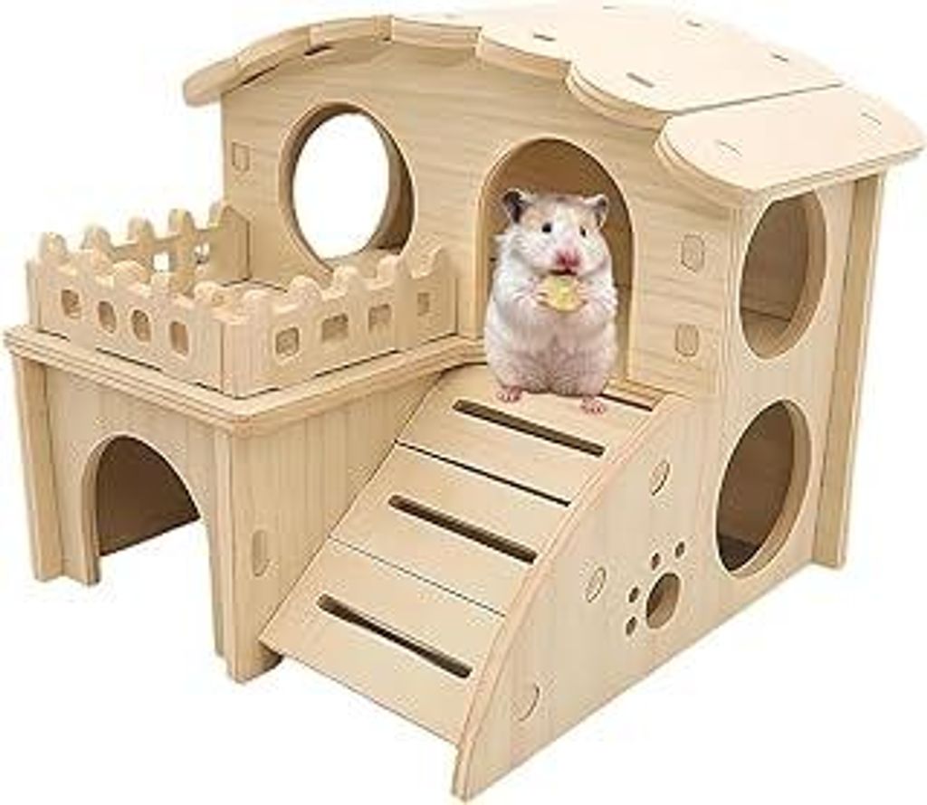 1 Stück Hamsterhaus aus Holz, Mehrkammernhaus Hamster Meerschweinchen Haus mit Rampe Hamster Haus Meerschweinchen Zubehoer für Kleine Haustiere Z...