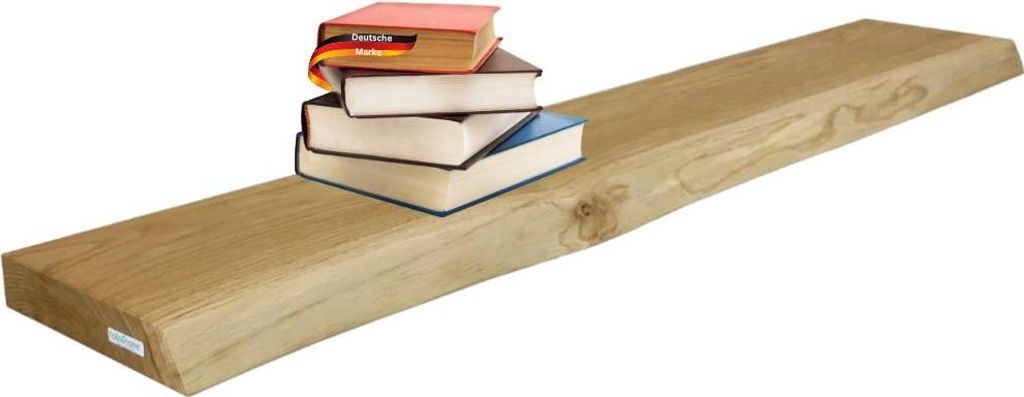 DELUKE Wandregal Holz schwebend KYLO - Eichenholz Massiv, mit Baumkante | Bücherregal Schwebendes Regal Hängeregale für Wohnzimmer | 120x22x4cm