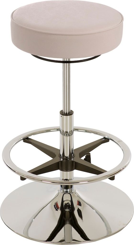 Drehhocker Indianapolis High | Sitzhöhe 58-83cm | Ø 50cm | Tragfähigkeit 110kg | Kunstleder-Sitz | Verchromter Stahltellerfuß mit Fußring | Weiß