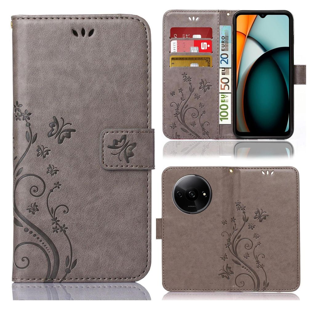 Handy Tasche für Xiaomi Redmi A3 Hülle Handyhülle mit Blumenmuster Klapp Hülle mit Standfunktion und Kartenfächer Farbe Grau