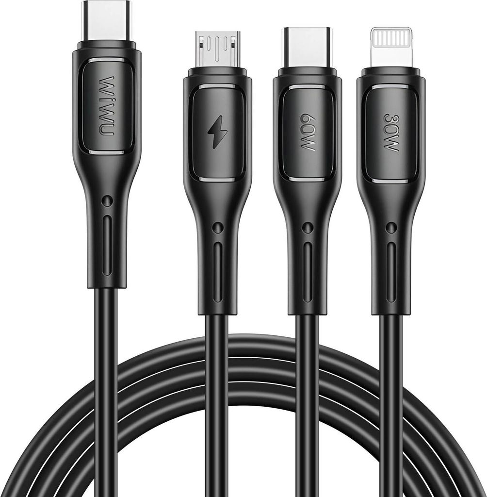 WiWU - Starlink Serie USB Kabel Wi-046E 3in1 USB C zu USB C, Micro USB, Lightning 60W 1m - schwarz
