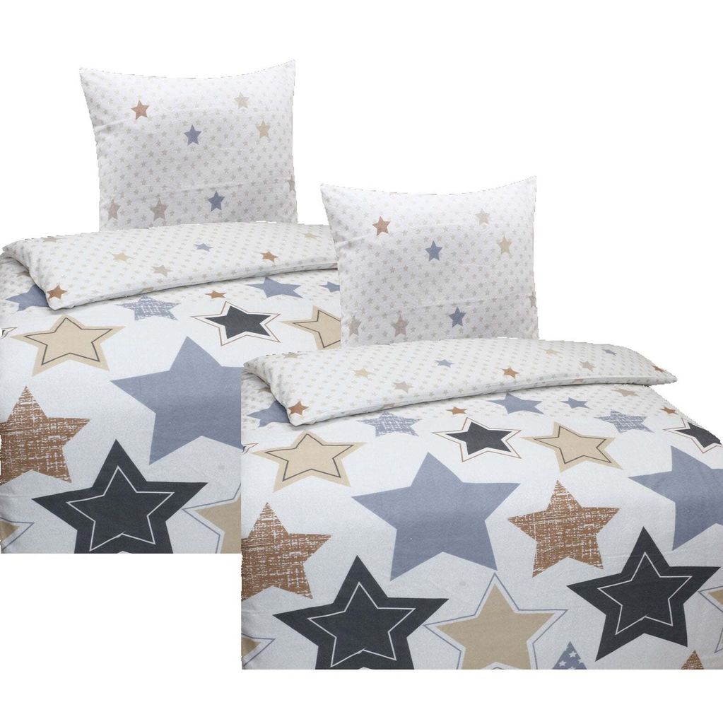 Hochwertige Biber Bettwäsche Baumwolle Sterne Blau Beige 135x200 80x80: 4tlg.