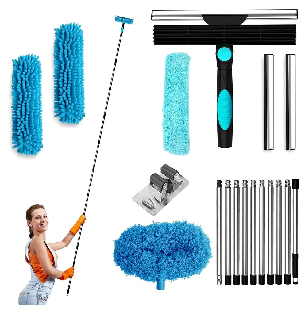 4-in-1 Fensterputzer Set, Fensterreiniger mit Teleskopstange, ausziehbar bis 3,9 m, 360° schwenkbarer Kopf, Mikrofaser & Fensterabzieher, Profi Fe...