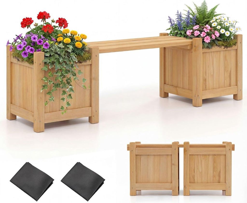 Pflanzbank aus Holz mit 2 seitlichen Pflanzkästen, Teaköl-Finish