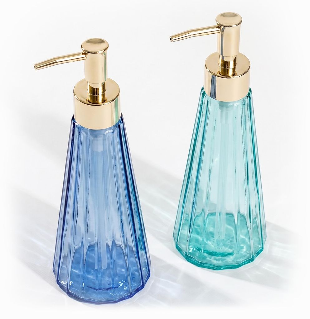 Relaxdays Seifenspender, 2er Set, 320 ml, Glas, nachfüllbar, Seife, Duschgel, Bad & Küche, Handseifenspender, grün/blau