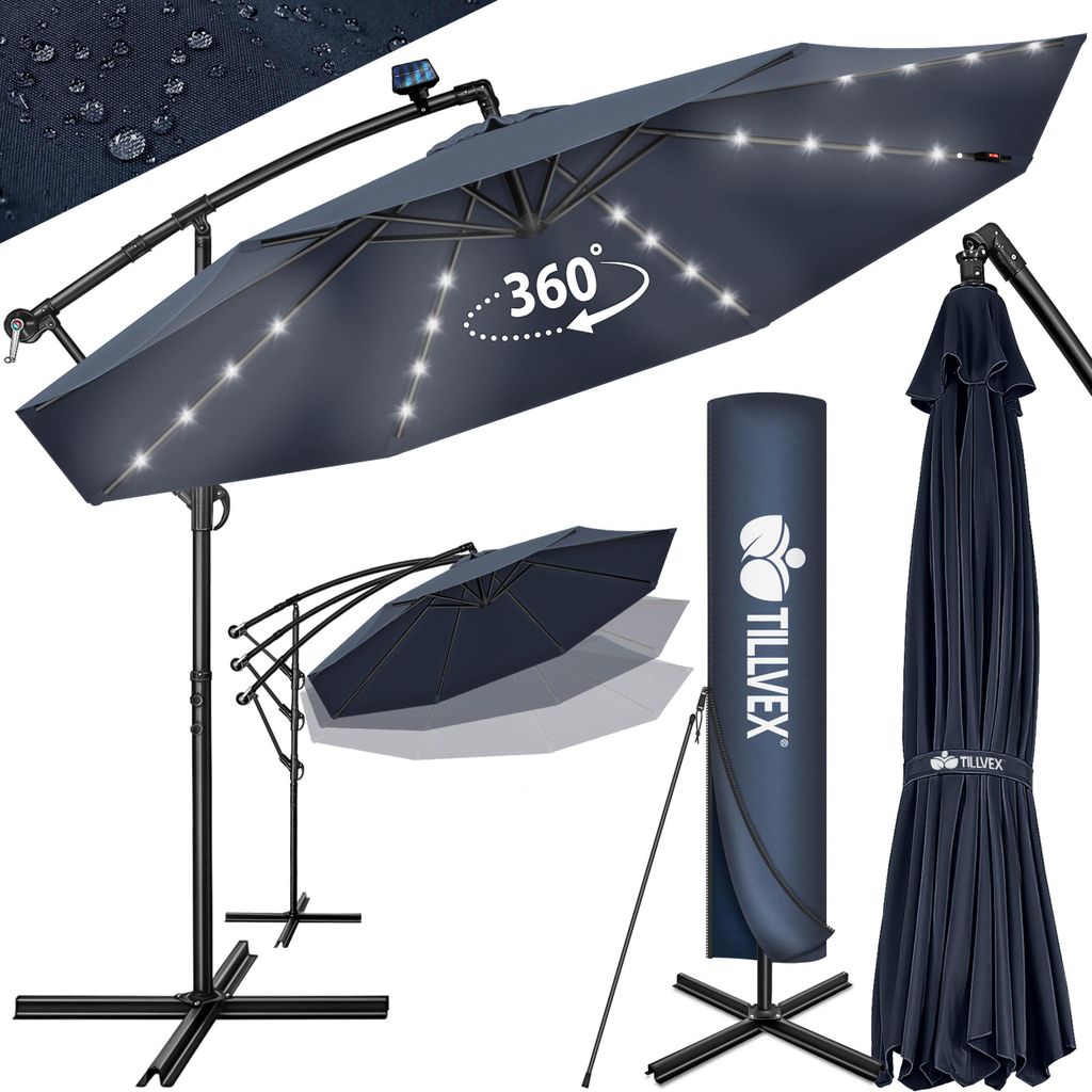 tillvex Alu Ampelschirm Blau LED Solar Ø 300 cm mit Kurbel Produktbild  KI-generiertes Bild