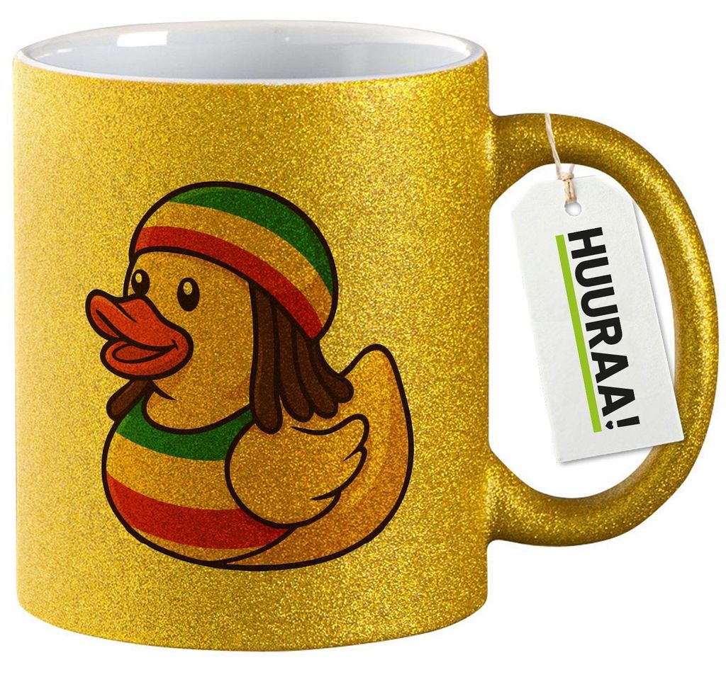 Huuraa Glitzertasse Quietscheente Reggae Gummiente Rastafari 330ml Gold Keramik Kaffeebecher Geschenkidee