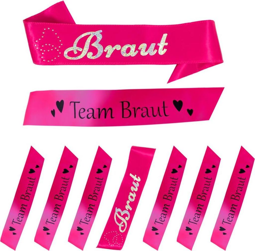 Oblique Unique Schärpe Braut + Team Braut Set JGA Hen Party Bride to be Herzen pink