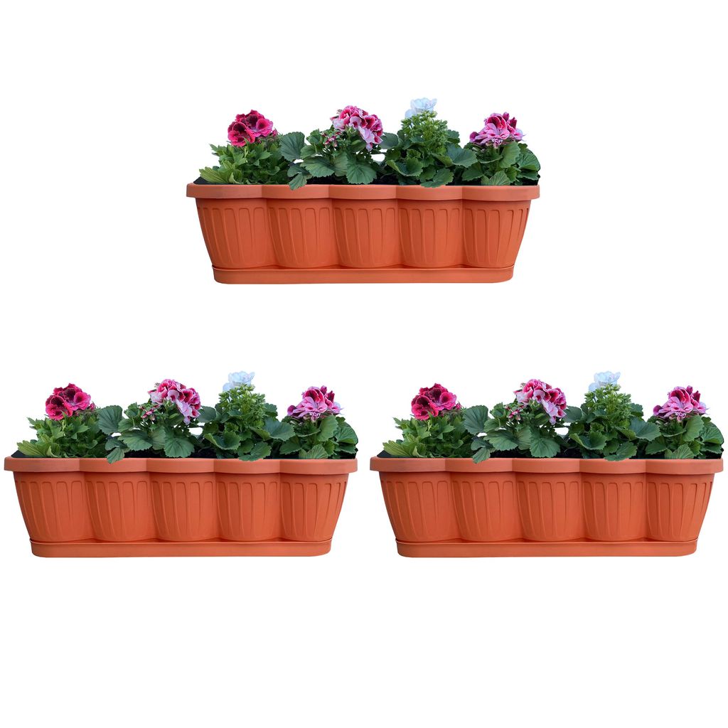 3er Set 60cm Blumenkasten Balkonkasten Pflanzkasten Terracotta im Wellendesign inkl. passenden Bewässerungsuntersetzer