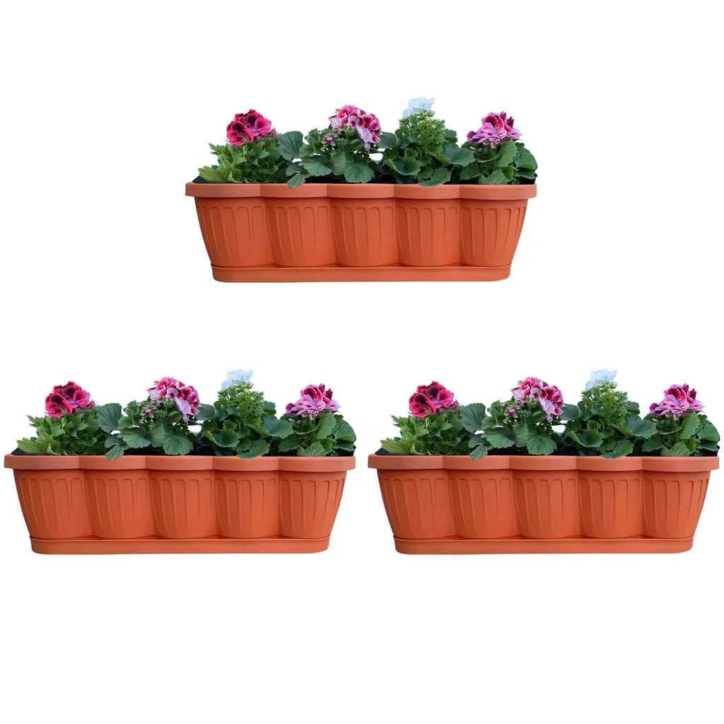 Lot 3 jardinières balcon 60cm terracotta avec soucoupe pour fleurs et potager