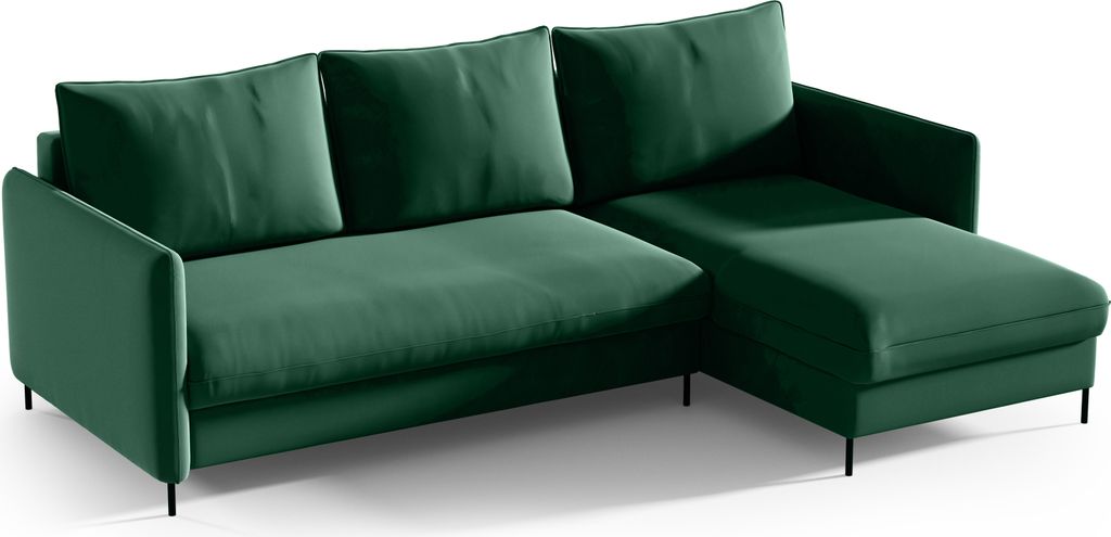 A green sectional sofa with chaise lounge on a white background.
