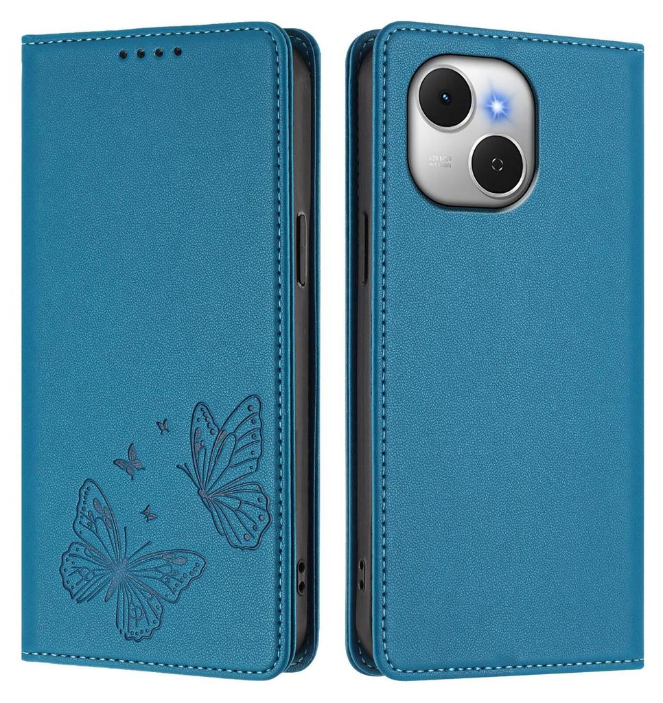 Lederhülle für Tecno Spark 40C, Schmetterling Prägung Leder Brieftasche Schutzhülle mit Ständer Blau