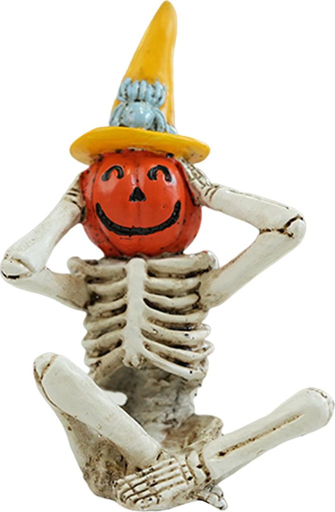 Halloween-Skelett-Kürbisfigur aus Kunstharz, „Sehen, Hören, Sprechen, Nichts Böses“, Kürbiskopf-Skelettstatue für die Dekoration von Heim-...