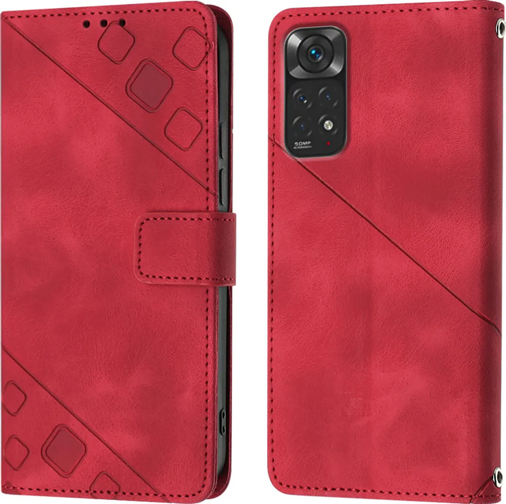 Custodia per Xiaomi Redmi Note 11S / Note 11 4G in rilievo Custodia a portafoglio in pelle Flip con funzione stand rosso - 1