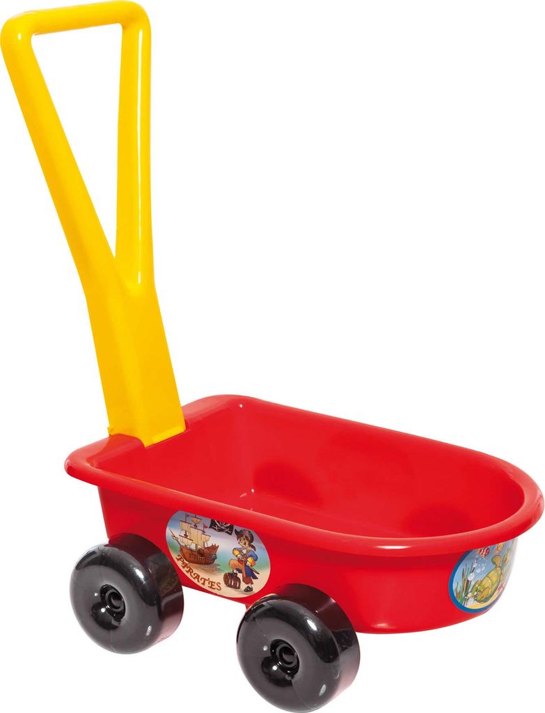 A red toy wagon with a yellow handle and black wheels, isolated on a white background.