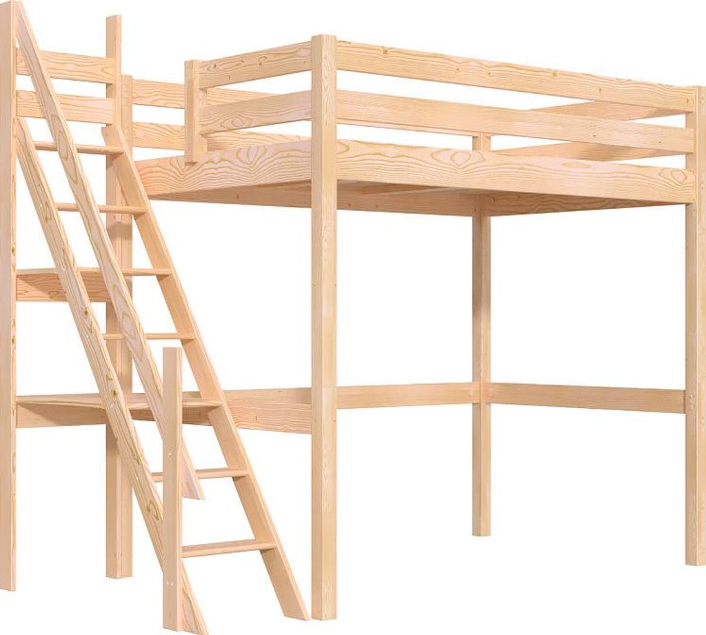 Hochbett holz Sylvia 120x200 mit Müllertreppe - Naturlack