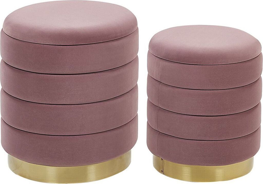 BELIANI Pouf 2er Set Rosa Samtstoff Gesteppt Rund mit Stauraum Goldfuß Modern Glamourös für Wohnzimmer Schlafzimmer Flur Garderobe Schminktisch