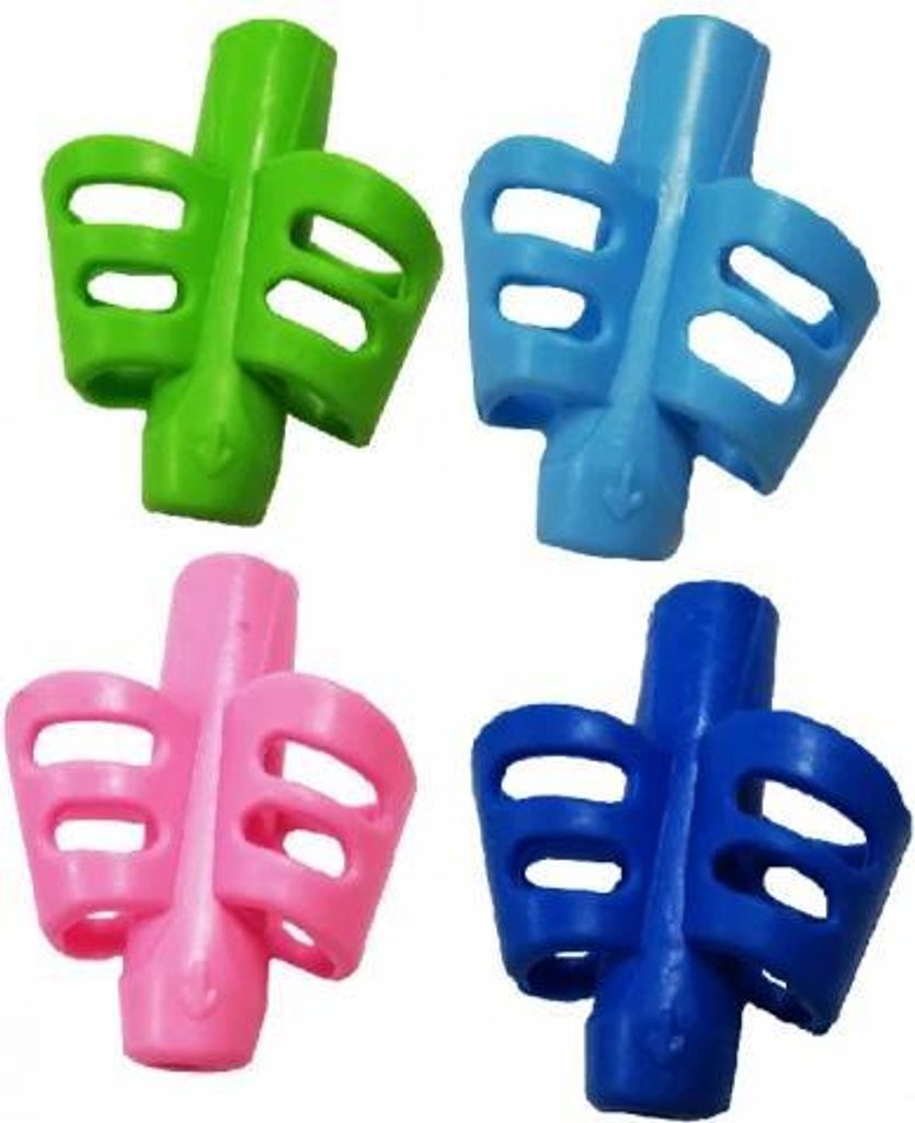 Four colorful pencil grips arranged in a grid.