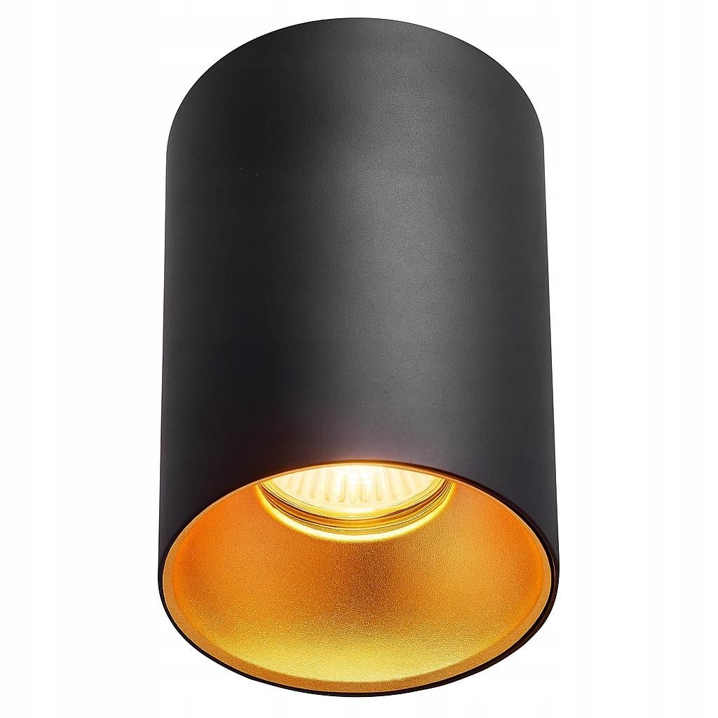 A black cylindrical ceiling light with a gold interior is shown against a white background.