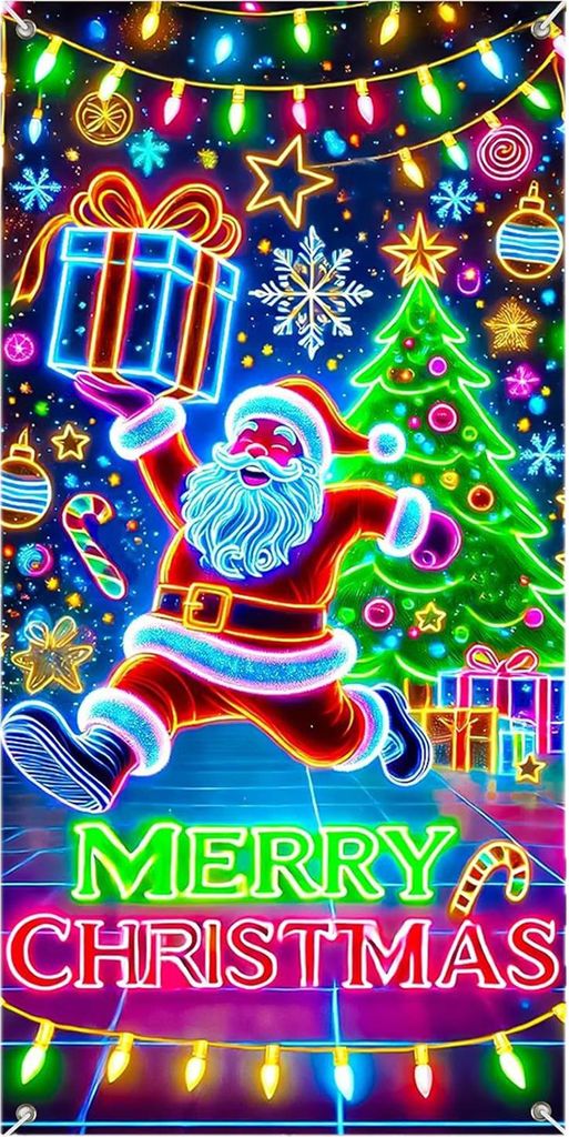 Leuchtender Weihnachtstür-Deko-Banner (71 x 35 Zoll) mit Weihnachtsmann, Weihnachtsbaum und Geschenkbox für die winterliche Haustürdekoration ...