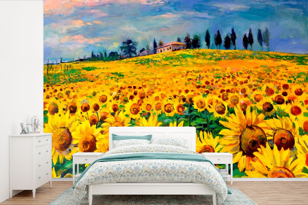 MuchoWow Fototapete für Wohnzimmer oder Schlafzimmer Wandtapete Vinyl Motivtapete Ölfarbe - Gemälde - Blumen - Sonnenblume - 525x350 cm - Das ...