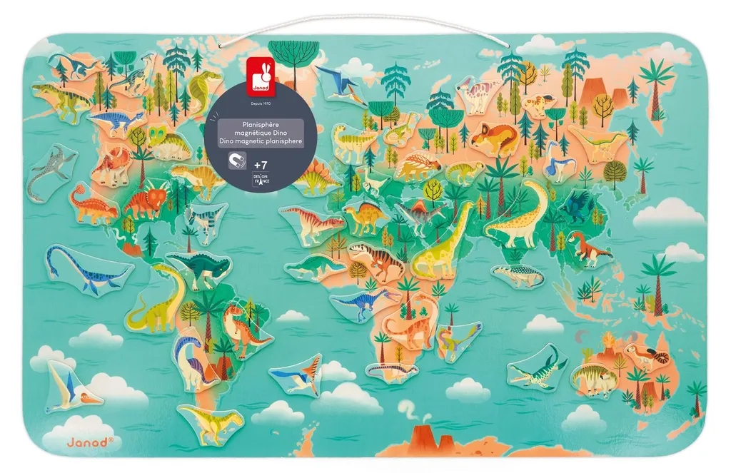 Jouet Bois Janod Tableau Dinosaure Magnétique et Carte du Monde 40cm