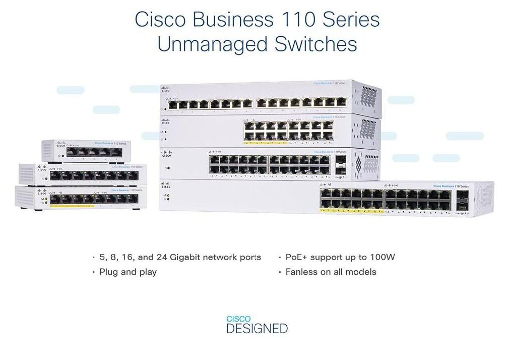 A marketing image showcasing Cisco Business 110 Series Unmanaged Switches with feature callouts.