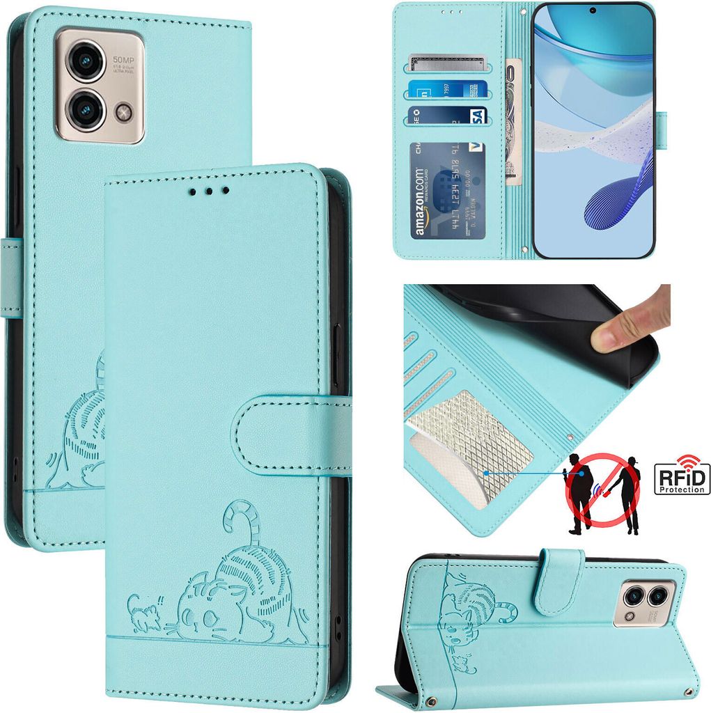 Leder Hülle für Motorola Moto G Stylus 4G (2023) Süße Katze Flip Case Brieftasche Schutzhülle mit Standfunktion hellgrün
