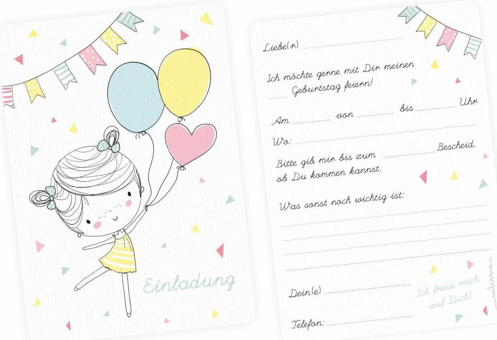 10 Einladungskarten Mädchen mit Luftballons mit GLITZER inkl. 10 transparenten Briefumschlägen Kindergeburtstag Einladung