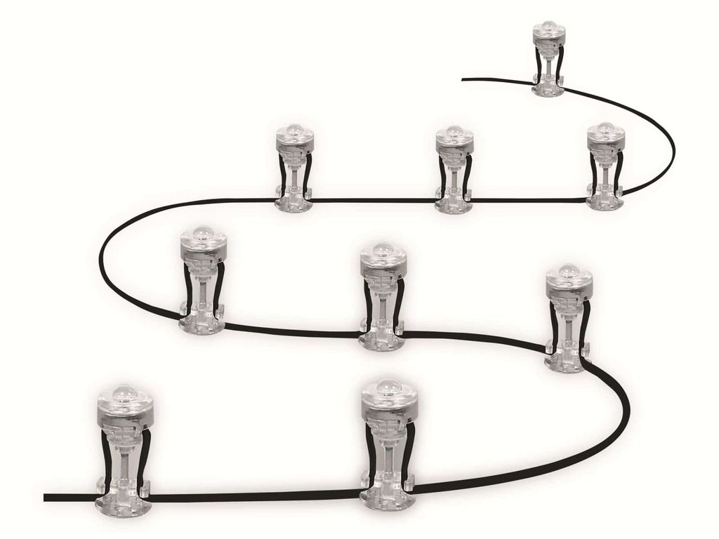 A string of LED lights on a black wire, arranged in a wavy pattern against a white background.