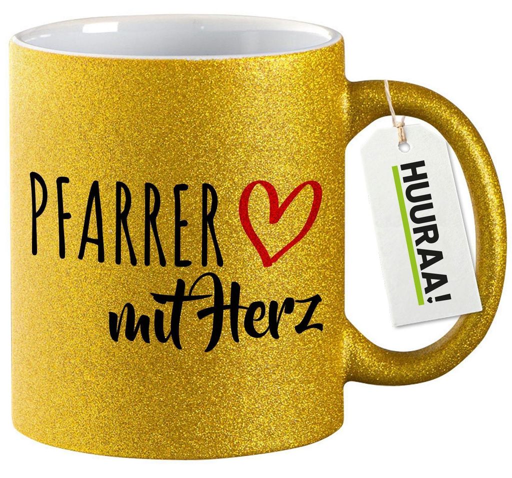 Huuraa Glitzertasse Pfarrer mit Herz 330ml Gold Keramik Kaffeebecher Geschenkidee