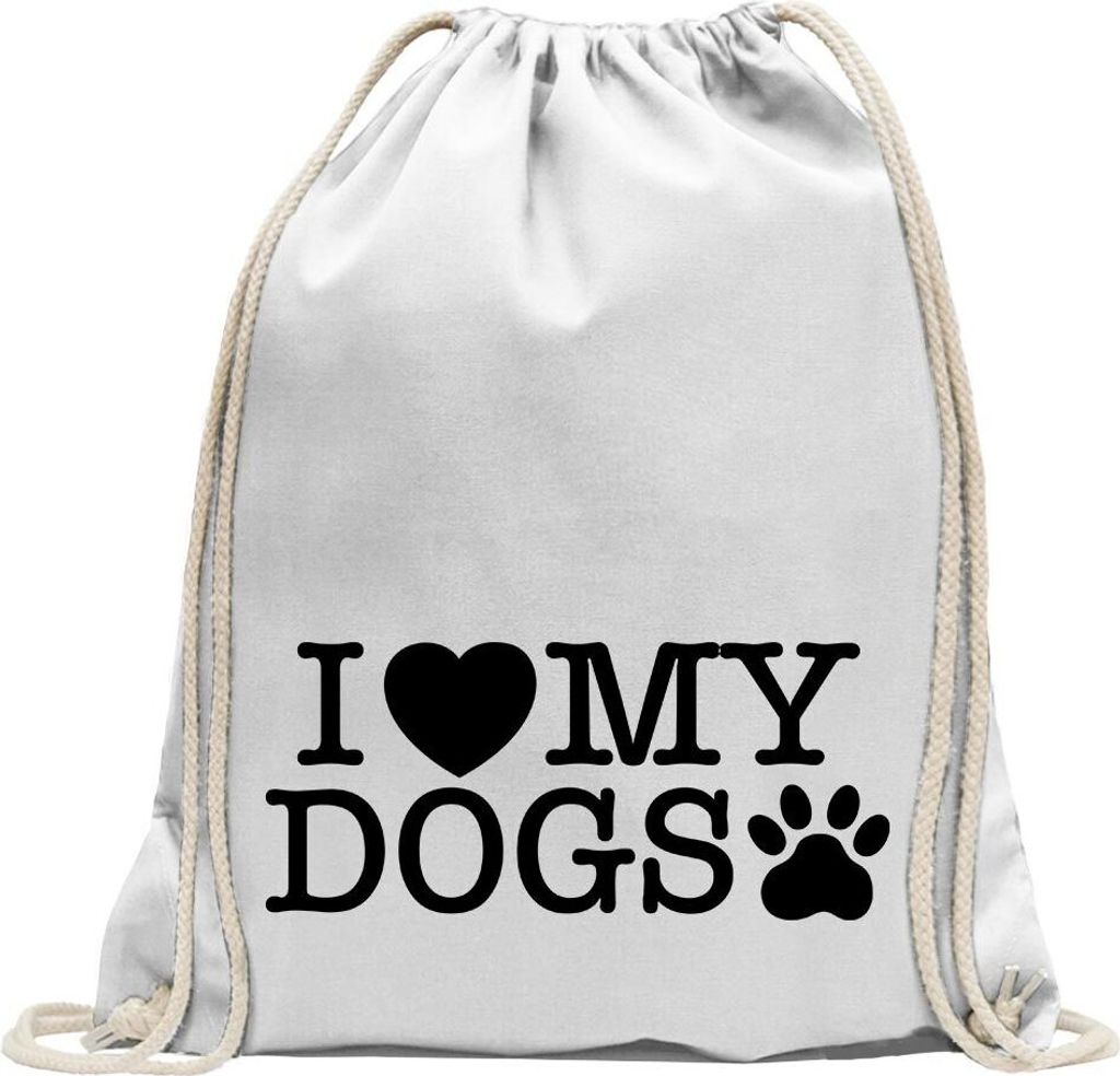 Kiwistar - Turnbeutel - weiss - I love my dogs - Fun Rucksack Sport Beutel Gymsack Baumwolle mit Ziehgurt