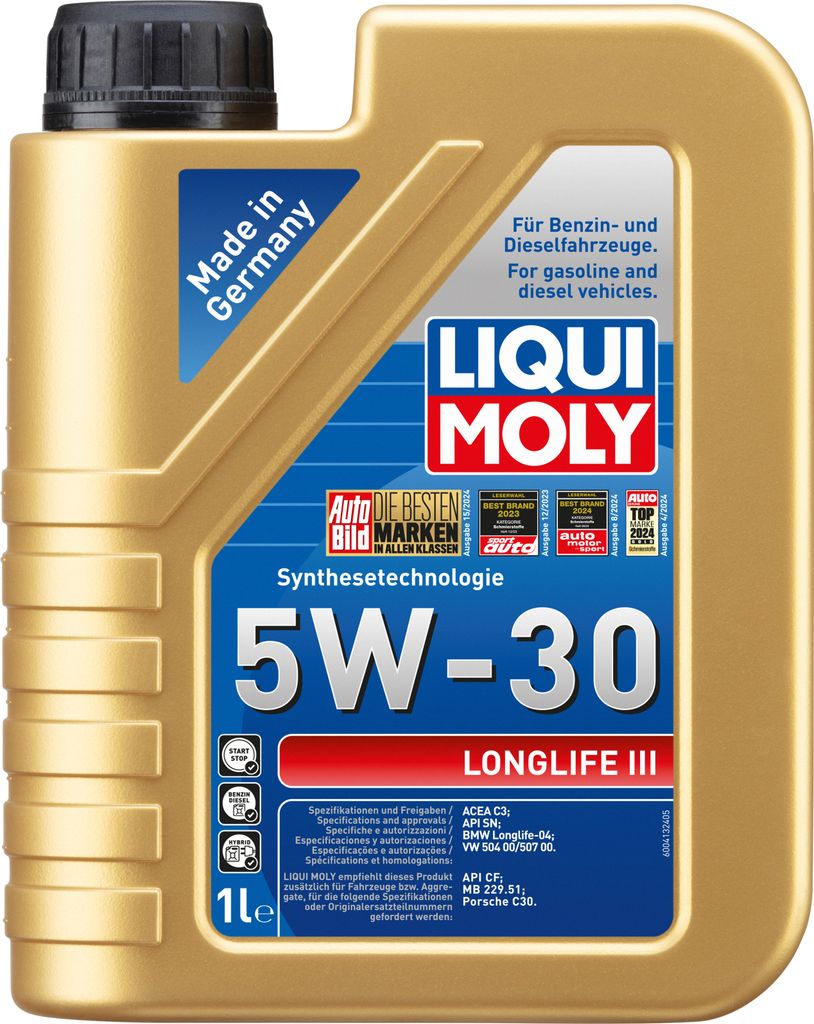 A gold colored plastic bottle of Liqui Moly 5W-30 Longlife III engine oil.