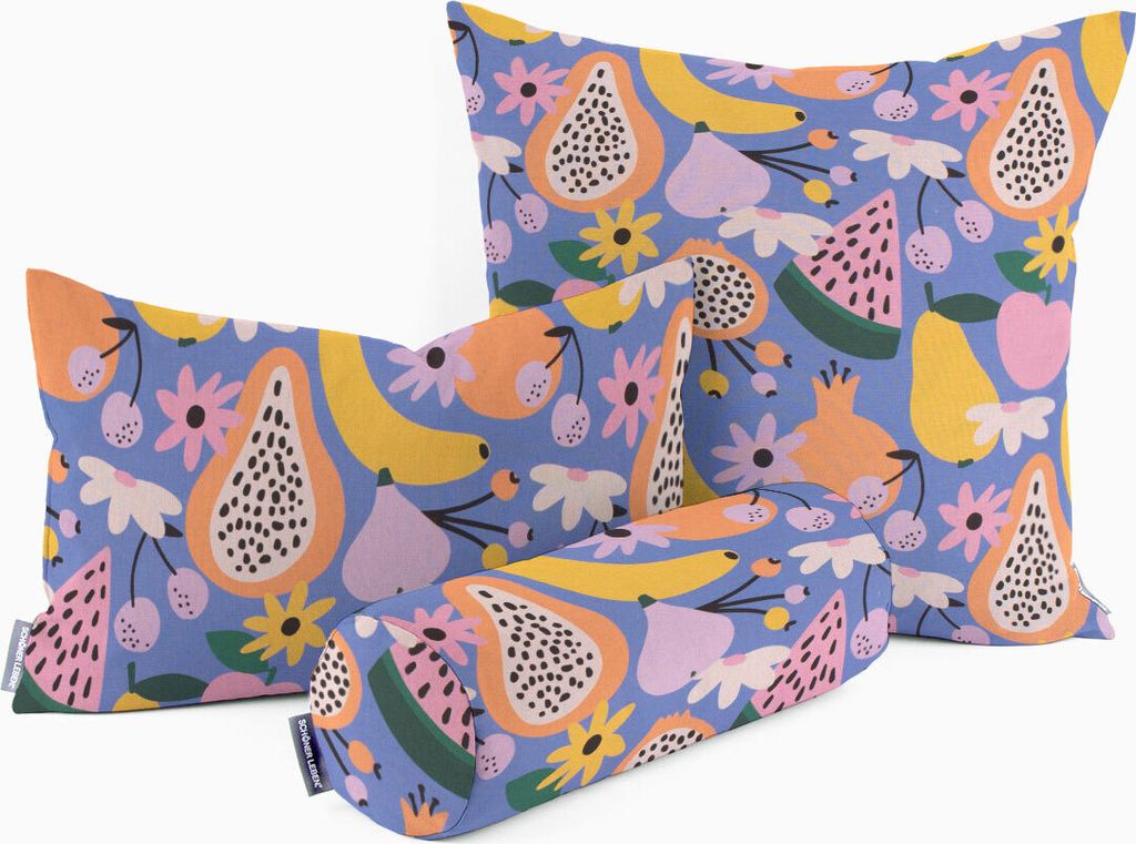 SCHÖNER LEBEN. Kissenhülle aus Baumwolle Retro Pop Obst Blumen lila b Größe 30x50cm (HxB) 30x50cm (HxB) Größe