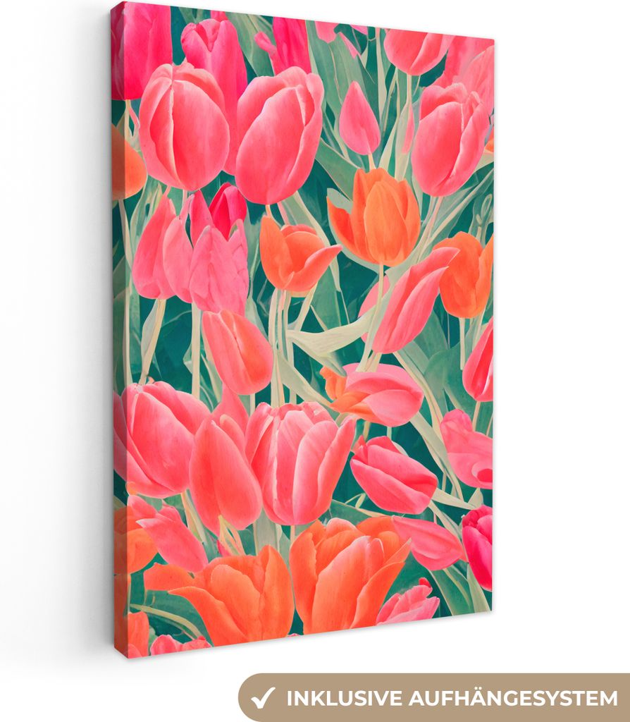 OneMillionCanvasses - Leinwandbilder - 90x140 cm, Tulpen - Blumen - Rosa - Rot - Kunst, Wandbilder Kunstdruck Wanddekoration - Foto auf Leinwand ...
