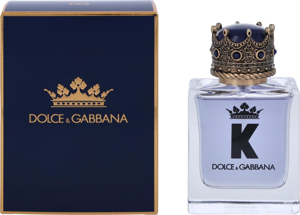 A product shot of a Dolce & Gabbana K Eau de Toilette bottle and its packaging.
