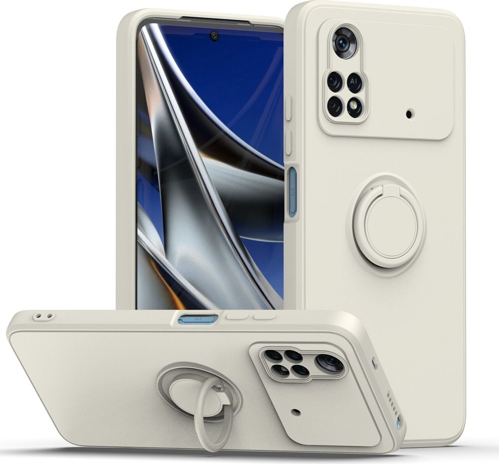 Xiaomi Poco M4 4G Handyhülle, Ring Halter Ständer Kratzfeste Weiche Silikon schutzhülle für Xiaomi Poco M4 4G Weiß