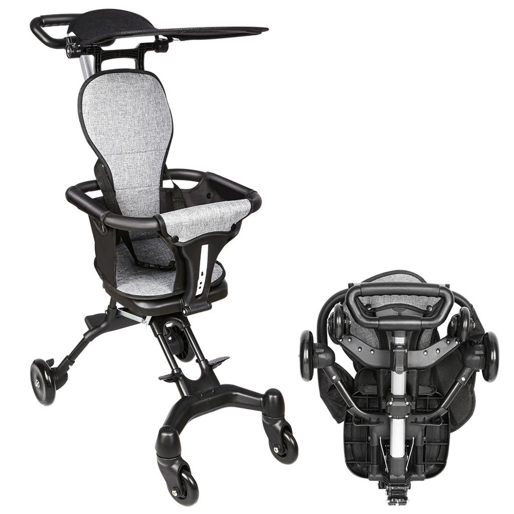 Kinderwagen klein Buggy KinderBuggy zusammenklappbar Leicht Sonnen Verdeck 4 Räder Schwarz grau