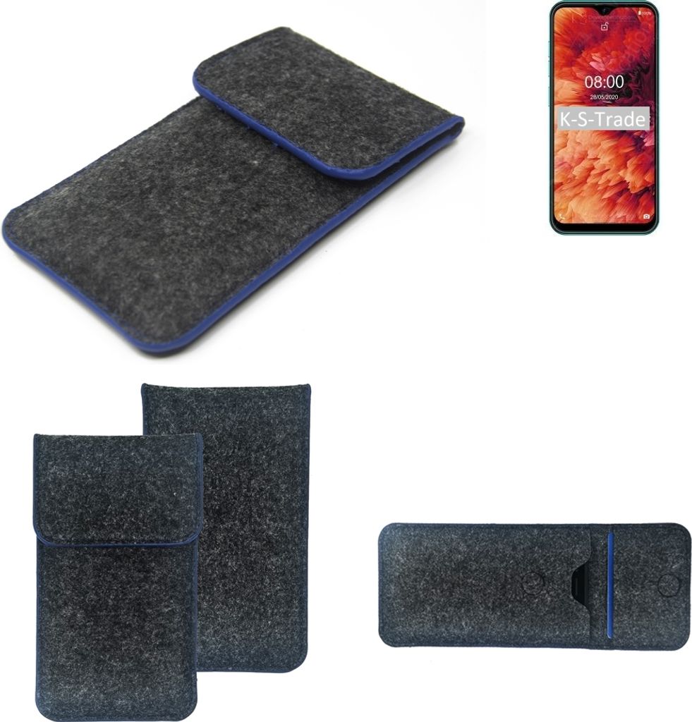 K-S-Trade Handy-Hülle Schutz-Hülle kompatibel mit Ulefone Note 8P Filztasche Pouch Tasche Case Sleeve Filzhülle dunkelgrau, blauer Rand
