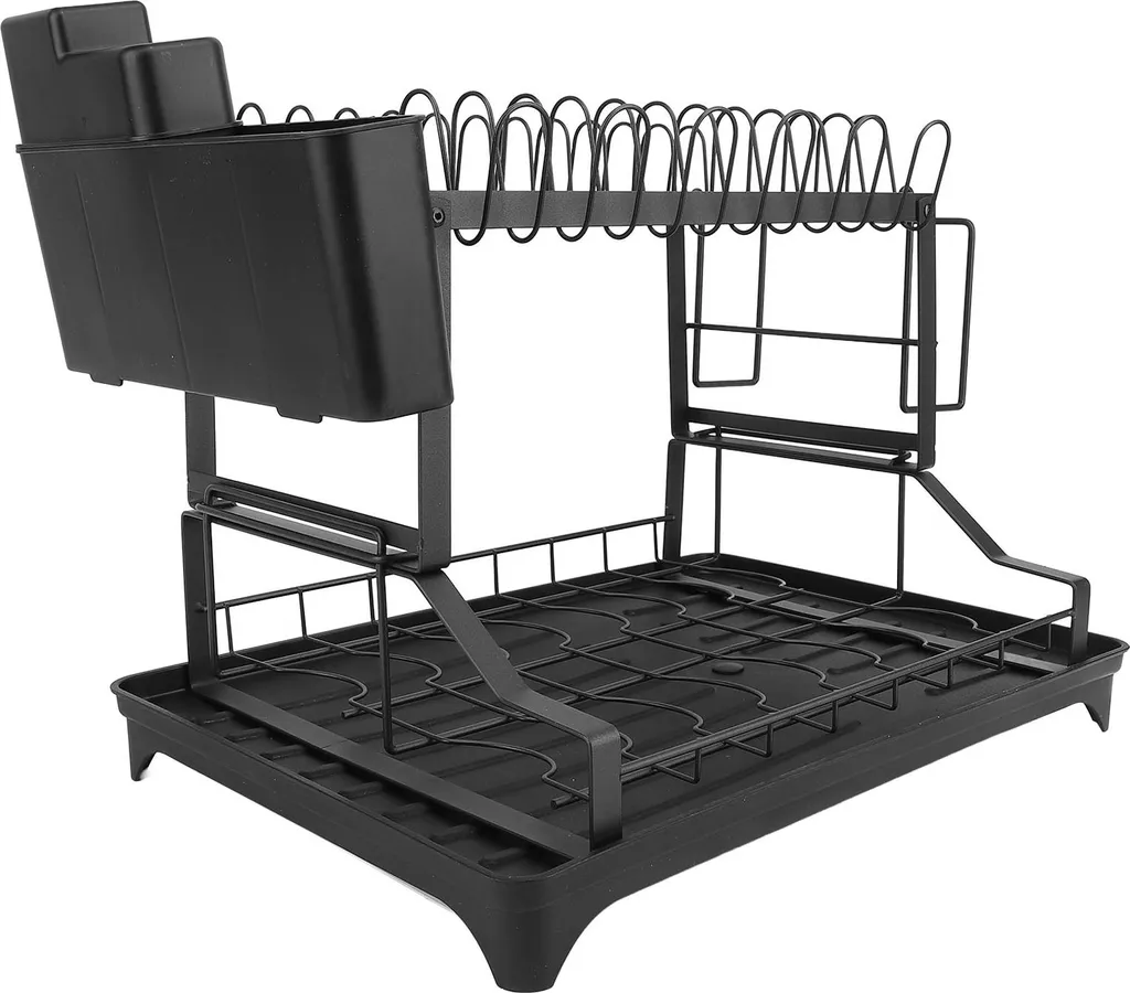 Support vaisselle 2 niveaux en inox avec porte-ustensiles latéral