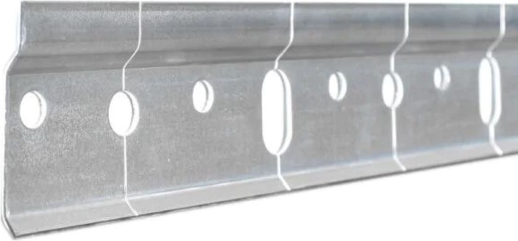 A close-up shot of a metal mounting rail with multiple holes.