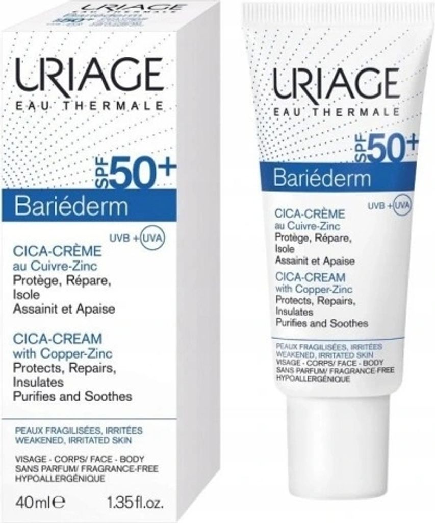 A product shot of Uriage Bariederm Cica-Cream SPF50+ and its packaging.