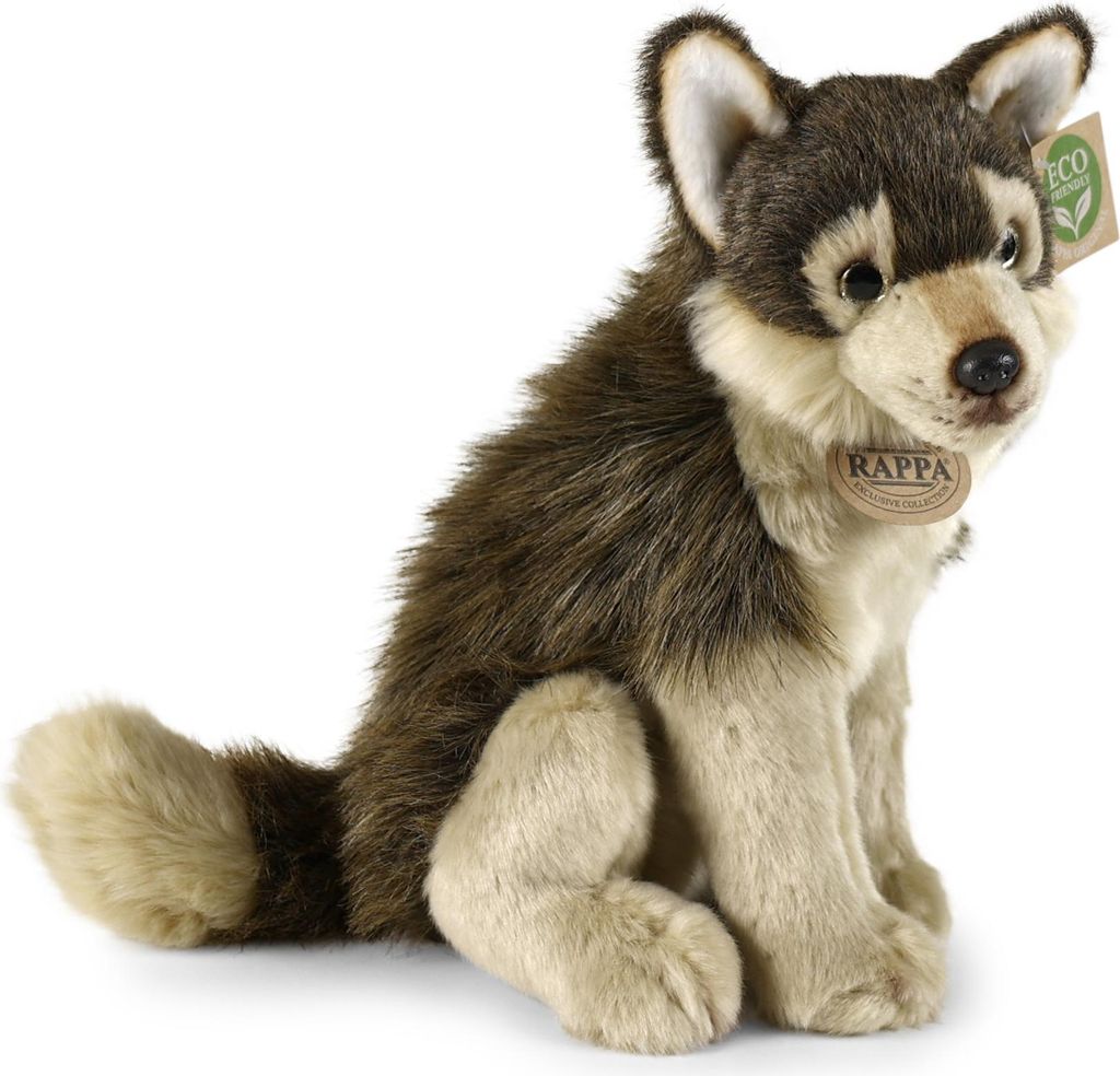A plush toy wolf sitting on a white background.